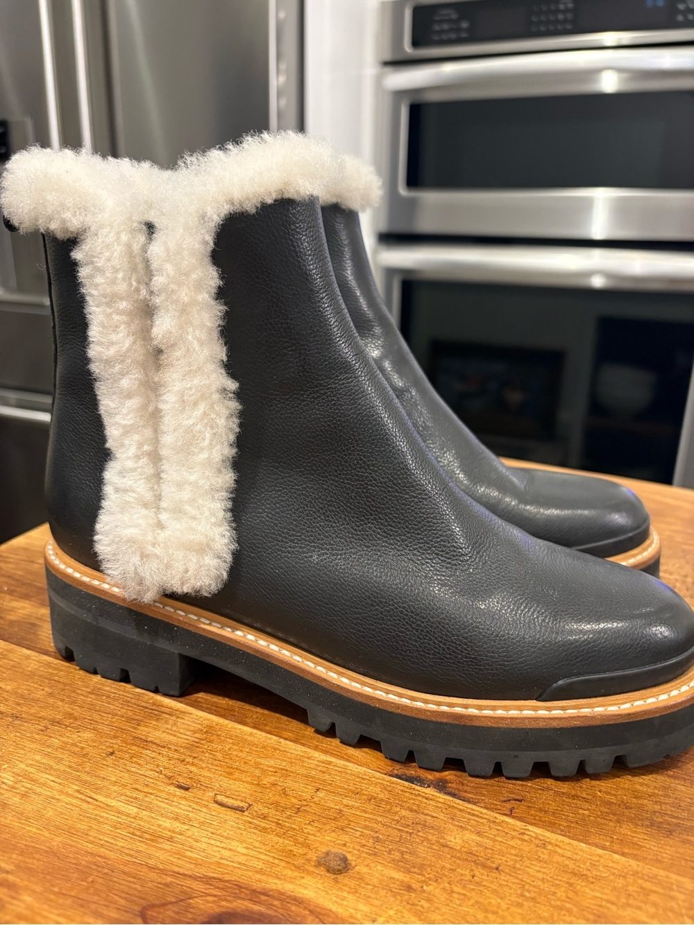 Women's Marc Fisher Black Leather Shearling-Trim Chelsea Ankle Boots